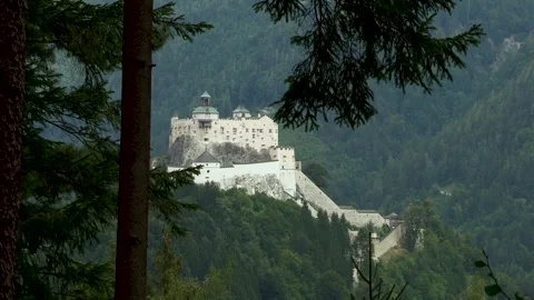 View to Werfen Castle from the forest in the west, Salzburg, Austria, Europe Stock Footage 315667703