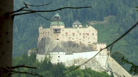 View to Werfen Castle from the forest in the west, Salzburg, Austria, Europe Stock Footage 315751330
