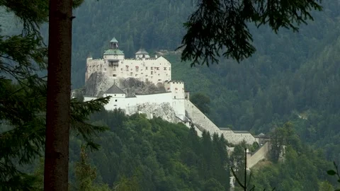 View to Werfen Castle from the forest in the west, Salzburg, Austria, Europe Stock Footage 315751332