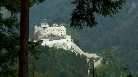 View to Werfen Castle from the forest in the west, Salzburg, Austria, Europe Stock Footage 315751435