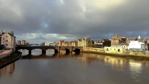 View west on River Ayr towards Ayr New Bridge, Ayr, Scotland Vídeos de archivo 221723337