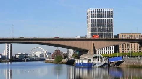 View west on River Clyde to Kingston Bridge, Glasgow, Scotland, UK Stock Footage 284979308