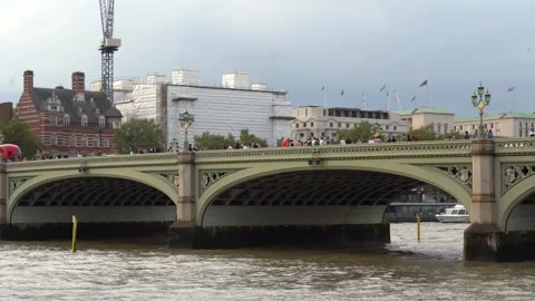 View of Westminster bridge and Thames river in London, UK Stock Footage 250455148