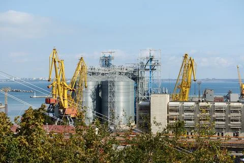 The view on wheat grain storage in Odesa port Foto stock