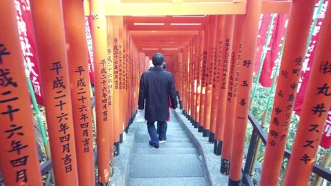 View while walking under many torii red entrance gates in buddhist shrine tem Stock Footage 221880095