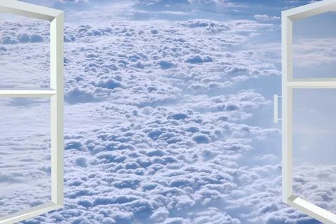 View to white clouds from open room window. Sky panorama. View above clouds Stock Photos