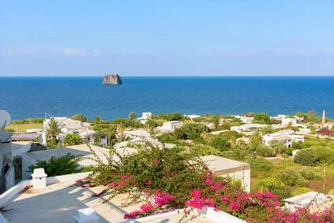 View of white rooftops in Stromboli Stock Photos