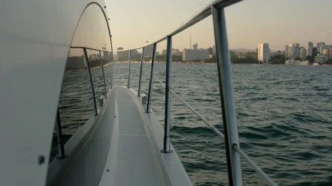 The view from the white yacht and the reflection in the windows of the city Stock Footage 206749229