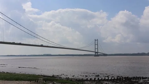 View Of The Wide River And The Long Bridge (Humber Bridge, England) Stock Footage 293720760