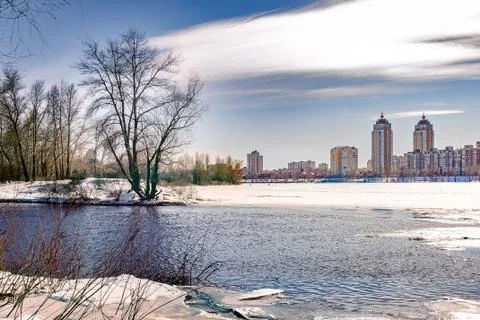 View of willow trees and poplars close to the River in Kiev during winter.Bui Stock Photos
