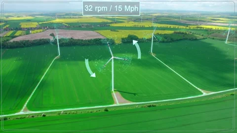 View of the wind farm with holograms showing information about electricity pr Stock Footage 155381371