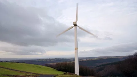View of wind turbine adjusting to the wind but slowing down the rotars rapidly Stock Footage 146755367
