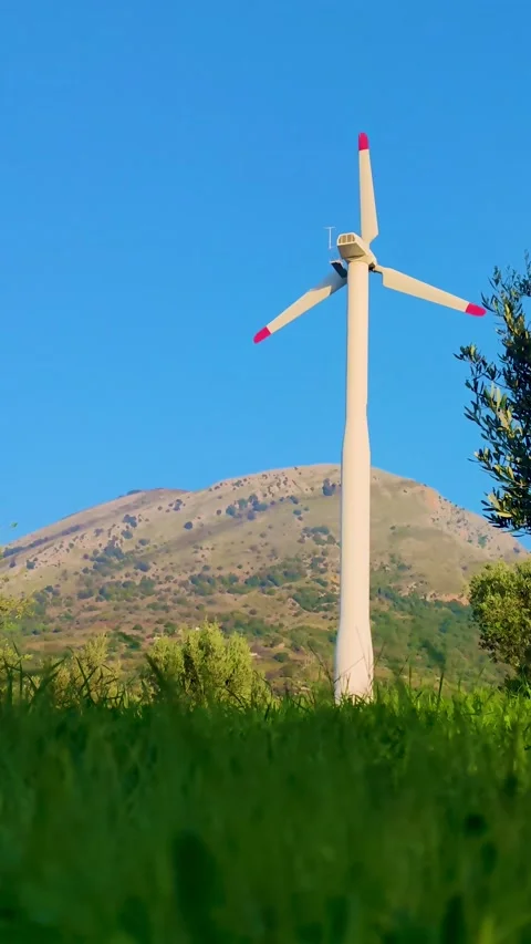 View of a Wind Turbine on a Field. 4K Aerial Video of a Wind Generator. Stock Footage 229411969