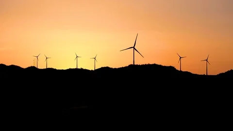 View wind turbines in sunset, ab01 Stock Footage 107838212