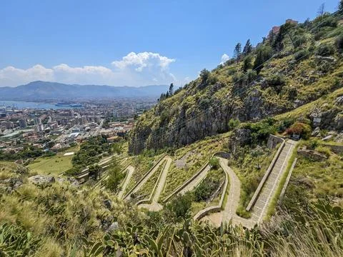 View of the winding old stone path leading up Mount Pellegrino, Sicily Fotos de archivo