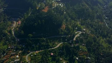 View of winding road through lush forest on mountain drone footage Video stock 86151781