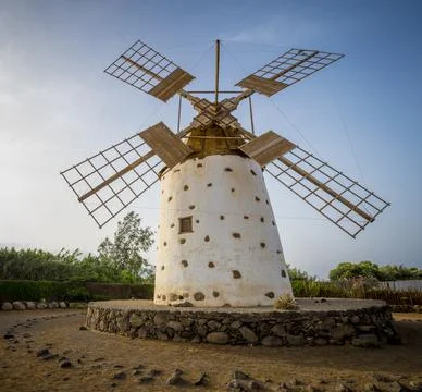 View on windmill of El Cotillo, Molino de El Roque, in Fuerteventura, Canar.. Stock Photos