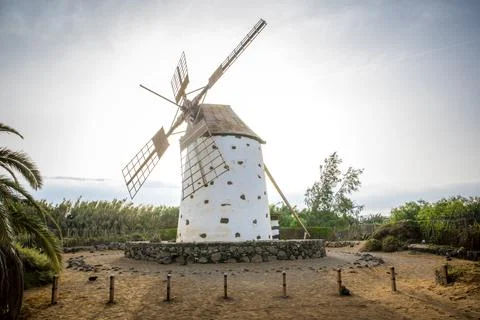 View on windmill of El Cotillo, Molino de El Roque, in Fuerteventura, Canar.. Stock Photos
