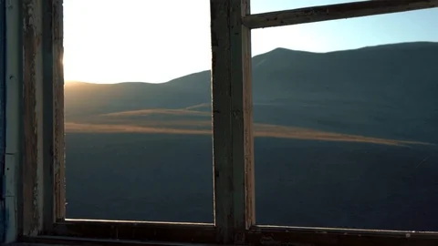View from the window of an abandoned building on the mountains Stock Footage 98450930