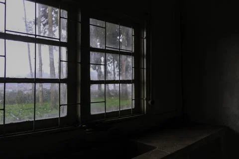 View from window in an abandoned house. Fotos Stock