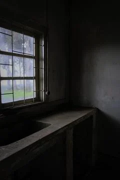 View from window in an abandoned house. Fotos Stock