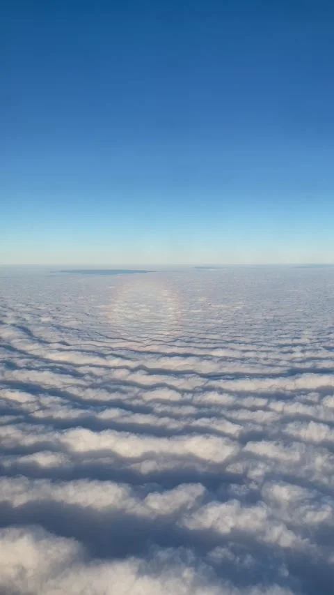 View from the window of the aircraft on clouds and a circular rainbow at sunny d Stock Footage 170132716