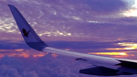 View from window on airplane wing plane while flying above dawn clouds, blu.. Stock Footage 226219339