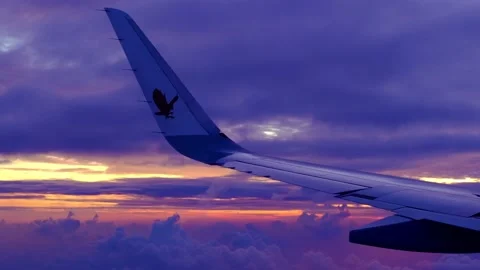 View from window on airplane wing plane while flying above dawn clouds, blu.. Stock Footage 227023075