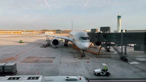 The view from the window of the airport terminal to the planes. The workers are Stock Footage 264991609