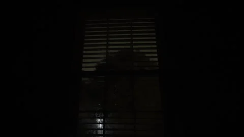 View of the window with blinds. Blinking lightening of thunderstorm reflecting Video stock 318993018
