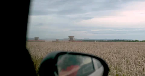 View from the window of a car moving along a field on which work Video stock 254820714