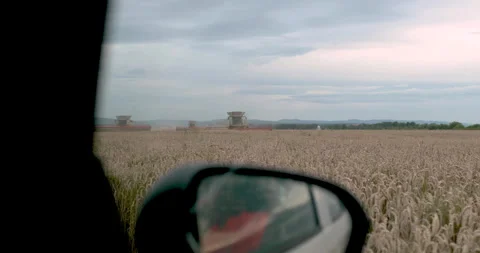 View from the window of a car moving along a field on which work Video stock 254820869