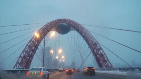 View from window car, trip in the city. bridge modern Stock Footage 295551669