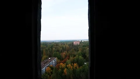 View from the window on Chernobyl , Pripyat, from an abandoned building, Ukraine Stock Footage 171598085