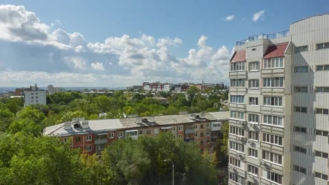 View from the window of the city and clouds in the sky. Timelapse Video stock 194356973