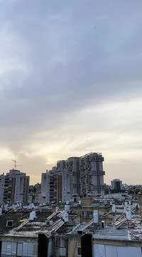 View from the window. The city at sunset Stock-Fotos