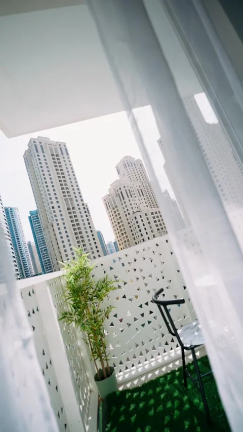 View from the window of an elite multi-storey building to the center of Dubai Stock Footage 263010884