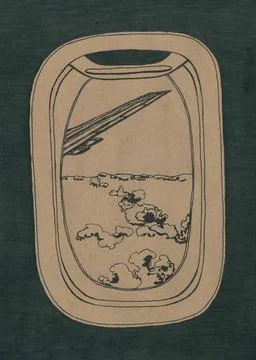 View from the window of a flying plane to the endless sea of fluffy clouds Illustrazione stock