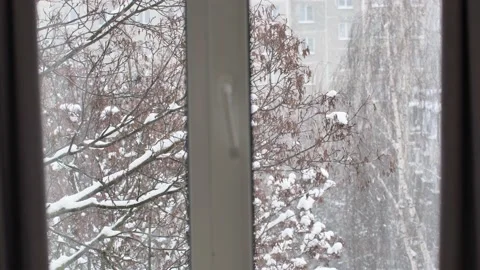 View from the window on a heavy snow outside Stock Footage 228823988