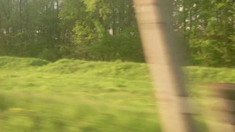 View from window of high-speed train on landscape of beautiful nature wild field Stock Footage 156007592