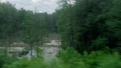 View from window of high-speed train on landscape of beautiful nature wild field Stock Footage 159168732