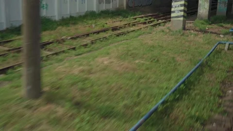 View from window high-speed train on landscape of beautiful nature wild field Stock Footage 159768536