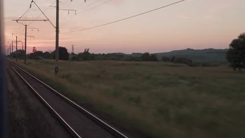 View from window high-speed train on landscape of nature field and forest on Stock Footage 162984796