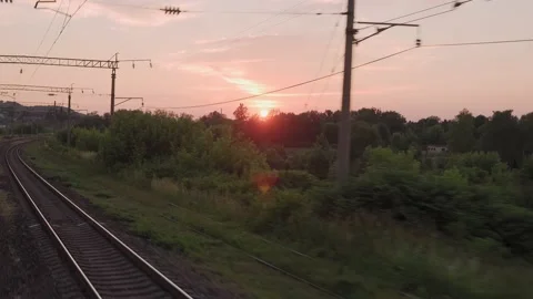 View from window high-speed train on landscape of beautiful nature wild field Stock Footage 164364339
