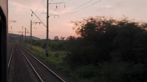 View from window high-speed train on landscape of beautiful nature wild field Stock Footage 167036751