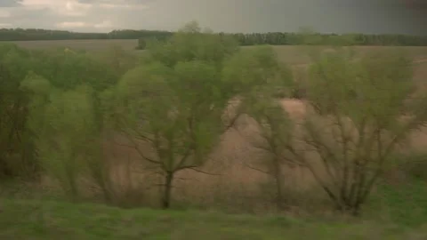 View from window of high-speed train on landscape of beautiful nature wild field Stock Footage 169716559
