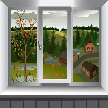 View from window of landscape of town from hill. Autumn Stock Illustration