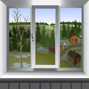 View from window of landscape of town from hill. Spring Stock Illustration