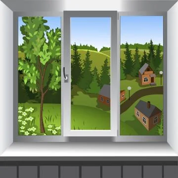 View from window of landscape of town from hill. Summer Stock Illustration