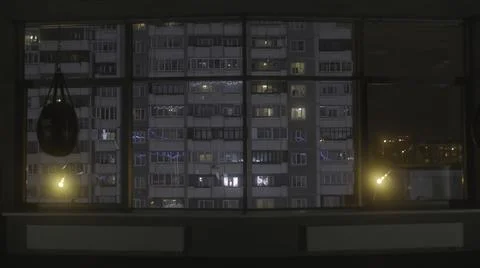 View from the window of a large empty training hall to the high residential Stock Illustration